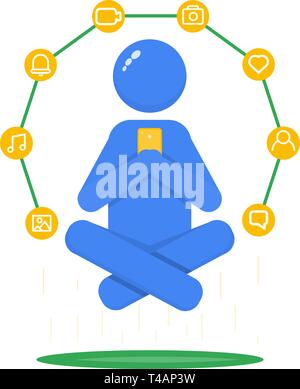 Der Mann sitzt in der Lotus Position und hält das Telefon, Arbeit aus dem Internet Stick man meditiert Stock Vektor
