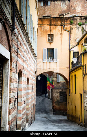 Contrada del Drago Flaggen, romanische Architektur und Bögen in Siena Italien. Stockfoto