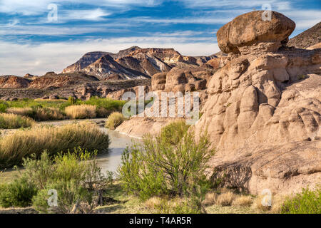 Felsformationen an Hoodoos Trail, River Road, drei Deich Hügel Cerro de las Burras, Rio Grande in Distanz, Big Bend Ranch State Park, Texas, USA Stockfoto