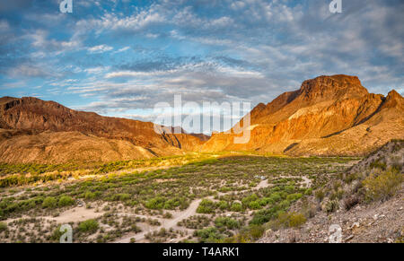 Madera Canyon von Rio Grande im Abstand bei Sonnenaufgang, untere Madera Canyon Campground, River Road in Big Bend Ranch State Park, Texas, USA Stockfoto