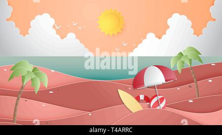 Kreative Abbildung Sommer Hintergrund Konzept mit Landschaft mit Strand und Meer. Sommer Design für Broschüre, Web Banner, Flyer, Einladung, pos Stock Vektor