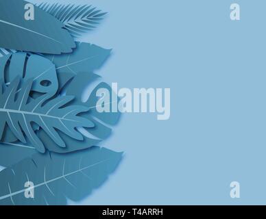 Tropische Blätter mit Blau Grün pastell Farben Papier schneiden Stil auf Hintergrund mit leeren Platz für Werbung Text. Digital craft paper Art für Poster, Stock Vektor