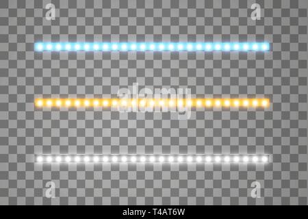 Leuchtende LED vector Streifen, Neon Beleuchtung auf transparentem Hintergrund, gelb, weiss, blau leuchtende Dekorative Bänder der Diode ökologische Lampen einstellen Stock Vektor