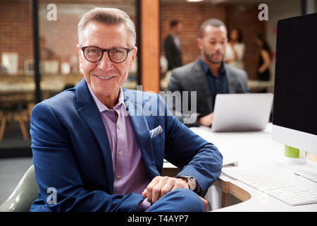 Portrait von Reifen Geschäftsmanns, der am Schreibtisch auf dem Computer im Großraumbüro mit Kollegen Stockfoto