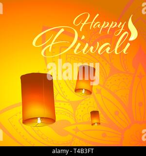 Post-Karte für Diwali Festival mit realistischen Himmelslaternen und Mandalas. Happy Diwali Konzept, Insignia. Typografie, Plakat oder Logo für Diwali-fest Stock Vektor