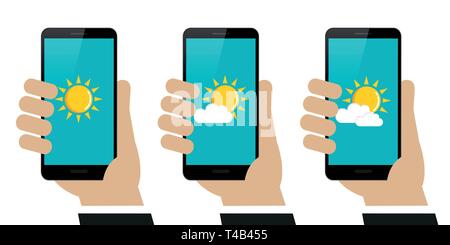 Hand hält mit Weather Report auf Anzeige auf weißem Hintergrund Vektor-illustration EPS 10 isolierte Smartphone Stock Vektor