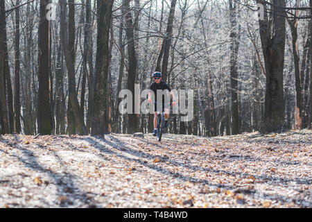Männliche Athlet mountainbiker Fahrten mit dem Fahrrad in den Wald Stockfoto