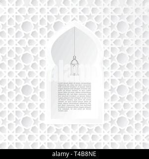 Dekorative Moschee Fenster mit hanging lantern Symbol. Ramadan Karte. Weißen arabischen Design, Muster. 3D White Paper Craft Stil. Einladung für muslimische Stock Vektor