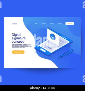 Elektronische Signatur Konzept. Digital smart Vertrag isometrische Zusammensetzung Stock Vektor