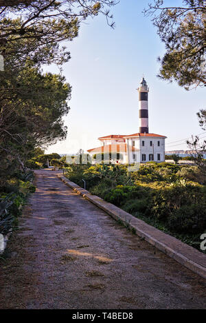 Leuchtturm bei Portocolom mit Pfad und Garten voller Bäume, Mallorca, Balearen, Spanien. Stockfoto