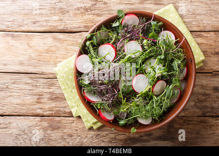 Frühjahr Salat von Rettich mit microgreen Mix close-up in einer Schüssel auf den Tisch. horizontal oben Ansicht von oben Stockfoto