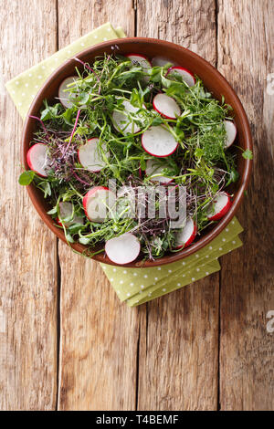 Frühjahr Salat von Rettich mit microgreen Mix close-up in einer Schüssel auf den Tisch. Vertikal oben Ansicht von oben Stockfoto