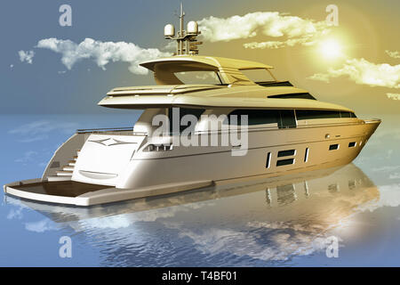 3D-Darstellung. Yacht im Meer mit dem Hintergrund von Himmel, Wolken und Sonne. Stockfoto