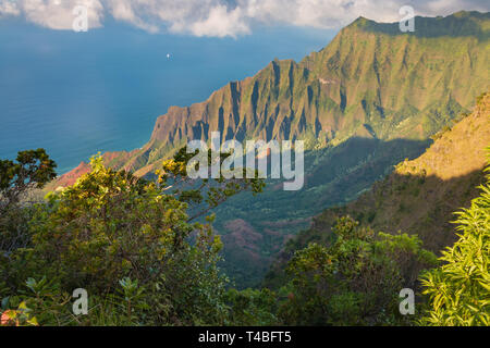 Blick vom Kalalau Lookout zu schönen Na Pali Küste bei Koke'e State Park auf der hawaiianischen Insel Kauai, USA Stockfoto