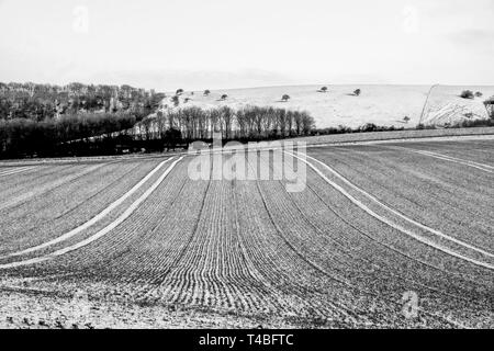 Ein schwarz-weiß Foto von frisch gepflügten Feldes in einer dünnen Schicht Raureif bilden vertikale Linien abgedeckt ist, wird das Feld auf einem Hügel und Behin Stockfoto