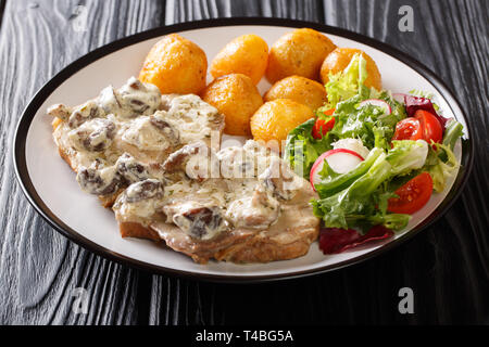 Gebratenes Schweinefilet in einer cremigen Käse Sauce mit Champignons, neuen Kartoffeln und frischem Salat close-up auf einem Teller auf den Tisch. Horizontale Stockfoto