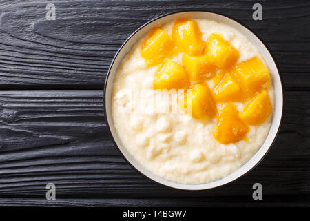 Süße tapioka Pudding mit Kokosmilch und frischer Mango close-up in einer Schüssel auf den Tisch. Horizontal oben Ansicht von oben Stockfoto