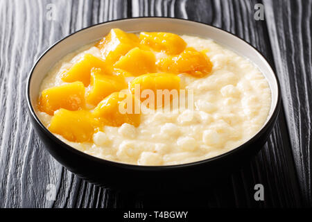 Köstliche tapioka Vanillepudding mit Kokosmilch und Mango close-up in einer Schüssel auf dem Tisch. Horizontale Stockfoto