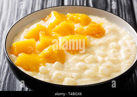 Asiatische dessert Pudding aus Tapioka mit Kokosmilch und Mango close-up in einer Schüssel auf dem Tisch. Horizontale Stockfoto