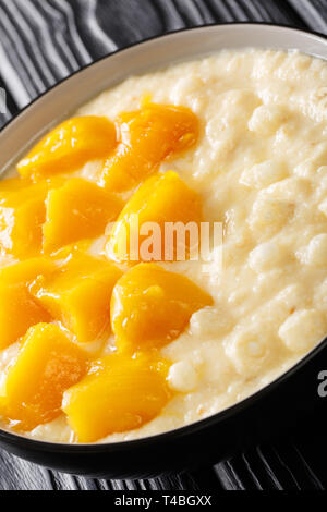 Tapioka Pudding mit frischer Mango close-up in einer Schüssel auf dem Tisch. Vertikale Stockfoto