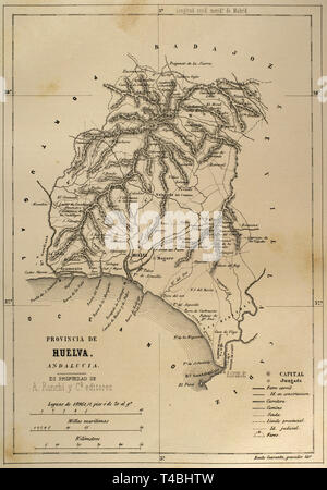 Spanien, Andalusien. Karte der Provinz Huelva. Cronica de España, Historia y Ilustrada Descriptiva de Sus Provincias. Andalusien, 1867. Stockfoto