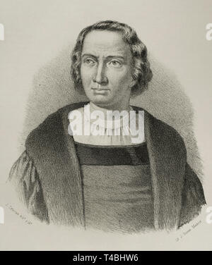 Christopher Columbus (1451-1506). Navigator und Kolonisten Amerikas. Zeichnung von cebrian. Porträt. Die Lithographie. Cronica de España, Historia y Ilustrada Descriptiva de Sus Provincias. Andalusien, 1867. Stockfoto