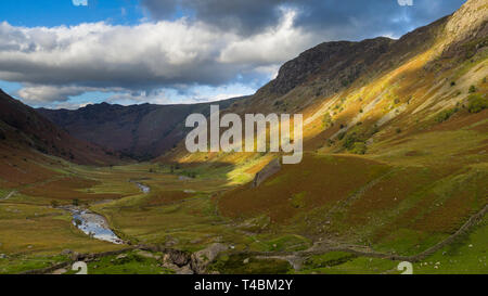 England, Cumbria, Lake District National Park. Langstrath Beck, der durch die Landschaft der Stonethwaite fiel entlang der Cumbria Weise verfolgen. Stockfoto