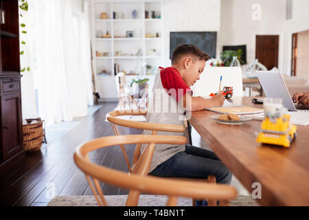 Pre-teen boy Hausaufgaben am Tisch im Speisesaal, Seitenansicht Stockfoto