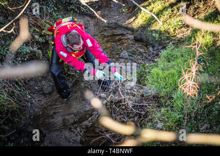 Leute freiwillig im Fluss sauber, Kommissionierung bis verworfen Shopping trollies und andere Arten von Müll, von Aberystwyth Beach Buddies/Gwerin y Glannau auf Aberystwyt Uhr entlang des Flusses Rheidol in Aberystwyth, Wales UK organisiert Stockfoto