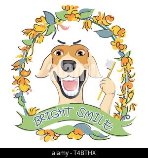 Süßer Hund lächelt und weiße Zähne, während das vordere Bein Holding toobrush Paste mit Zahnpasta umgeben von Blumen Girlande mit Text auf weißen Ba Stock Vektor