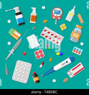 Medizin Pillen, Kapseln und Flaschen und medizinische Geräte. Tabletten im flachen Stil. Medizinische Symbole gesetzt. Vector Illustration Stock Vektor
