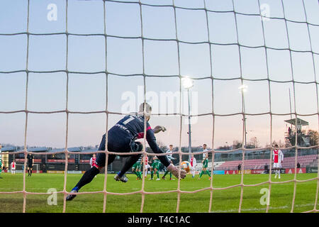 AMSTERDAM, Sportpark De Toekomst, 15-04-2019, Saison 2018 / 2019, Niederländische Keuken Kampioen Divisie. Jong Ajax-player Perr Schuurs Kerben 2-1 während des Spiels Jong Ajax-Go Ahead Eagles Stockfoto