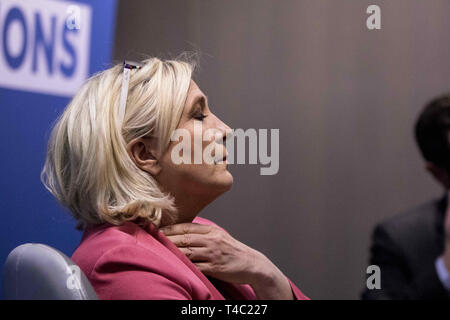 April 15, 2019 - Französische rechtsextreme Rassemblement National (RN) Partei Präsident Marine Le Pen bei der Vorstellung des Manifests des Rassemblement National' "Die Europäische Allianz der Nationen'' und die RN-Programm für die Wahlen zum Europäischen Parlament am 15. April 2019 in Straßburg, Frankreich. (Bild: © Elyxandro CegarraZUMA Draht) Stockfoto