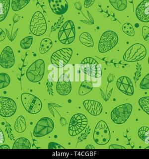 Vector Illustration. Nahtlose Muster. Ostern Eier. Blätter und Willow. Ostern. Karte grün hinterlegt. Tulip Stock Vektor