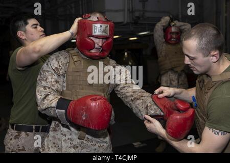 Golf von Oman (18. März 2019) - US Marine Sgt. Felix Ortiz, Links, der Maritimen Raid Force Wartung Chief und Sgt. Dakota Jacoby, rechts, der Rekonfigurierbaren transportable Konsolidierte automatisierten Support System noncommissioned Officer verantwortlich, Hilfe Schutzausrüstung auf Sgt. Remington Reynolds, eine zerstörungsfreie Prüfung Techniker, alle mit der 22 Marine Expeditionary Unit, bevor Freikampf während eines Martial Arts Instructor Kurs in das Deck des Wasp-Klasse amphibisches Schiff USS Kearsarge (LHD-3). Der Kurs stellt sicher, dass die Marines ordnungsgemäß und effizient kann der Fortschritt der t Stockfoto