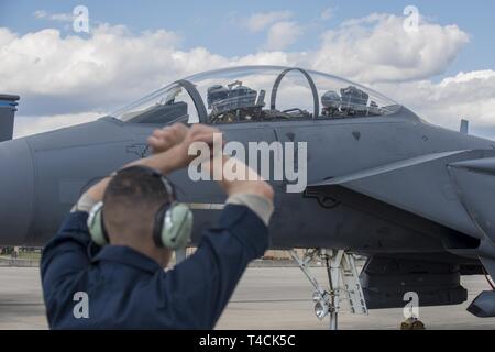 Von rechts, Kapitän J. Paul Reasner, 334 Fighter Squadron Waffensysteme officer Ausbilder und Kapitän Seth Hyde, 334 FS Pilot, bereiten aus März 18, 2019, bei Seymour Johnson Air Force Base, North Carolina. Ursprünglich von Indianapolis, Reasner wurde gewählt in einer Heimatstadt Video als Teil einer civic Outreach Program von Sekretär der Air Force Public Affairs durchgeführt. Stockfoto