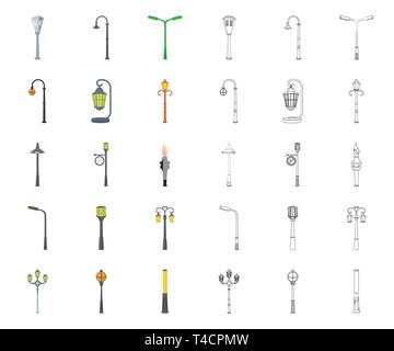 Lamp Post Cartoon, umriss Symbole im Set Sammlung für Design. Laterne und Beleuchtung vektor Symbol lieferbar Abbildung. Stock Vektor