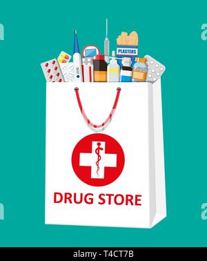 Weiß Einkaufstasche mit verschiedenen medizinischen Pillen und Flaschen, Healthcare und Einkaufsmöglichkeiten, Apotheke, Drogerie. Vector Illustration im flachen Stil Stock Vektor