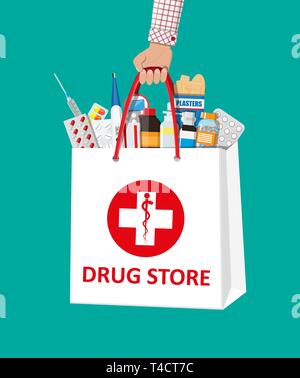 Weiß Einkaufstasche mit verschiedenen medizinischen Pillen und Flaschen in der Hand. Healthcare und Einkaufsmöglichkeiten, Apotheke, Drogerie. Vector Illustration im flachen Stil Stock Vektor