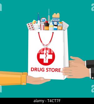 Weiß Einkaufstasche mit verschiedenen medizinischen Pillen und Flaschen in der Hand. Healthcare und Einkaufsmöglichkeiten, Apotheke, Drogerie. Vector Illustration im flachen Stil Stock Vektor