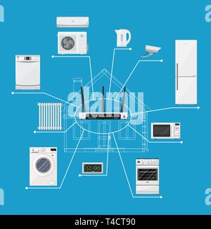Smart Home Konzept. Intelligente Haushaltsgeräte home Netzwerk verbunden. Ferngesteuerte Geräte im Haus. Smart House. Vector Illustration in flachen Stock Vektor