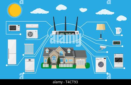 Smart Home Konzept. Intelligente Haushaltsgeräte home Netzwerk verbunden. Ferngesteuerte Geräte im Haus. Smart House. Vector Illustration in flachen Stock Vektor