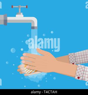 Hände unter Wasser fallen Aus tippen. Man wäscht sich die Hände mit Seife, Hygiene. Vector Illustration im flachen Stil Stock Vektor