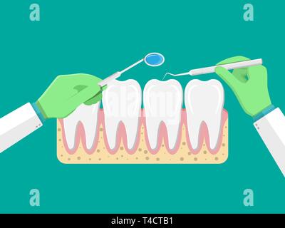 Zahnarzt mit Tools untersucht Zähne. Tooths Symbol mit Gummi. Menschlichen Zähnen im flachen Stil. Zahnmedizinische Konzept. Hygiene und oralcare. Vector Illustration Stock Vektor