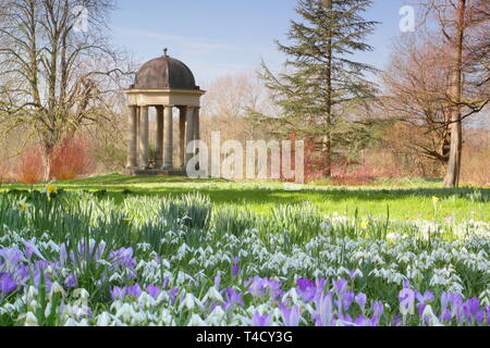 Der Tempel der Winde an doddington Halle und Gärten, Lincolnshire aus einem Rasen eingebürgerten Krokusse und Schneeglöckchen, - Ende Februar, UK gesehen Stockfoto