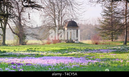 Der Tempel der Winde an doddington Halle und Gärten, Lincolnshire aus einem Rasen eingebürgerten Krokusse und Schneeglöckchen, - Ende Februar, UK gesehen Stockfoto