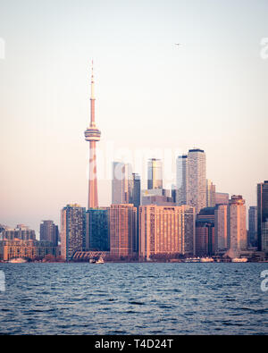 Den CN Tower und das spektakuläre Skyline von Toronto, Ontario, Kanada, als von Ward's Island (Toronto Islands) über den Lake Ontario. Stockfoto