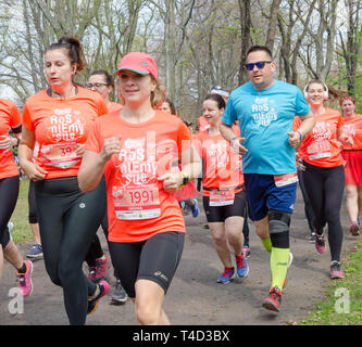 Riesige Gruppe von Frauen in orangefarbenen T-Shirts mit Zahlen und einen Mann im blauen T-Shirt läuft Marathon im Park im Frühling. Wroclaw, Polen, April, 7. Stockfoto
