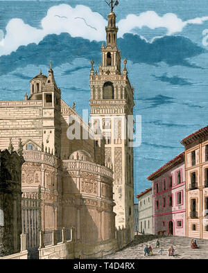 Spanien, Andalusien, Sevilla. Kathedrale. Allgemeine Ansicht mit ihrem Glockenturm Giralda genannt. Gravur. Später Färbung. Cronica de España, Historia y Ilustrada Descriptiva de Sus Provincias. Andalusien, 1867. Stockfoto