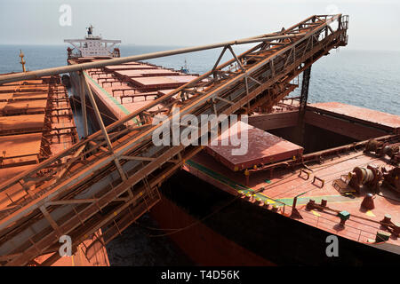 Port Operations für den Transport von Eisenerz. Entladen von Geldbußen Erz aus TGV transhipper Boot in Halten der OGV Ozean Schiff auf See Stockfoto